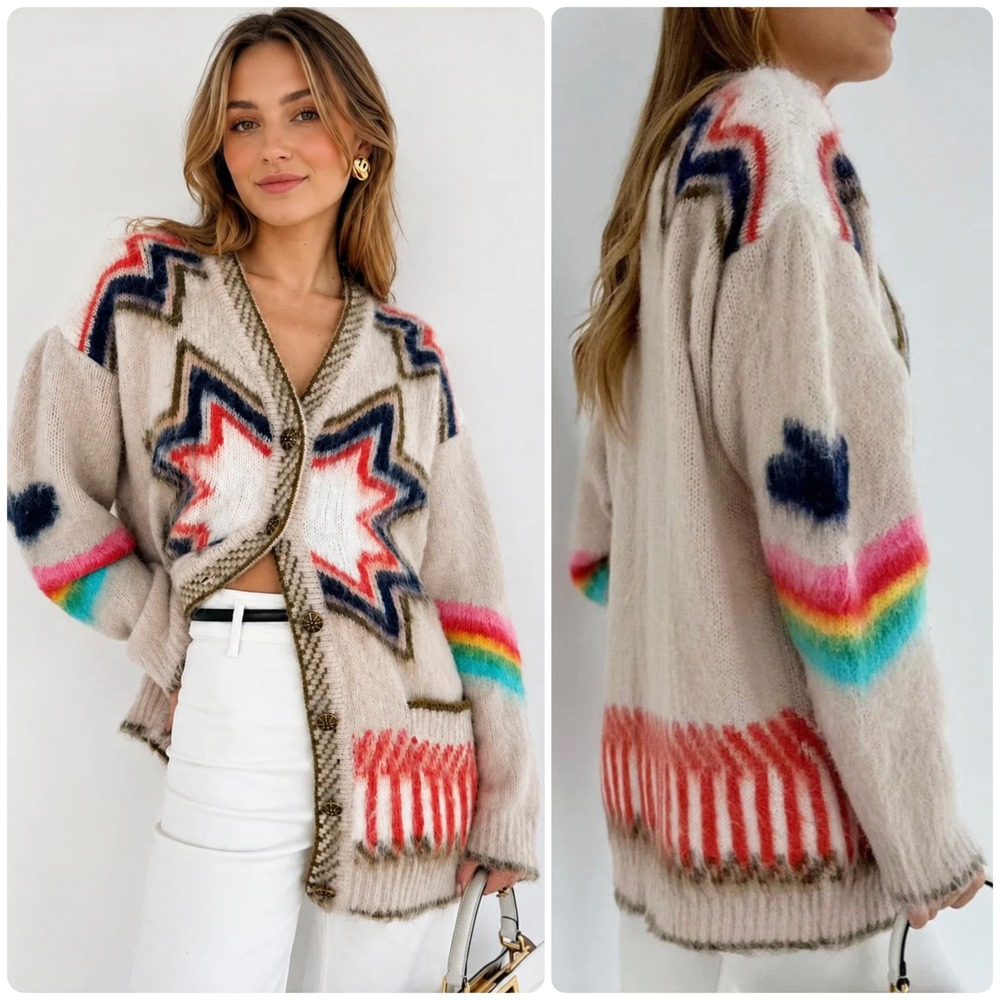 Commense Womens Caesars Palace Star Rainbow Eclectic Boho Cardigan Small